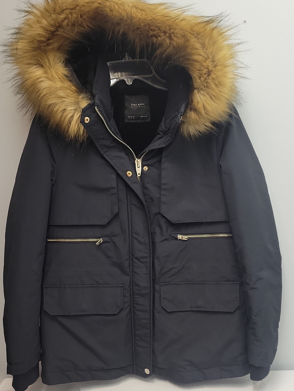 ZARA black park fur hood gold zipper parka coat size Medium womens
